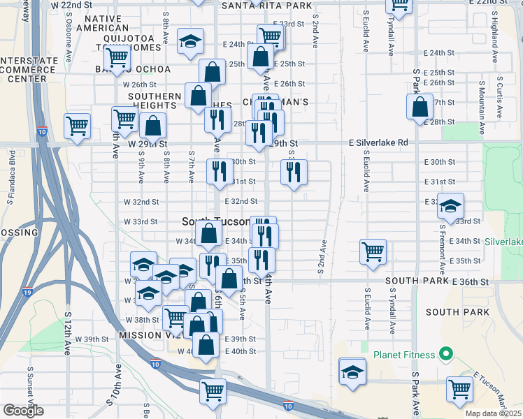 map of restaurants, bars, coffee shops, grocery stores, and more near 2222 South 4th Avenue in Tucson