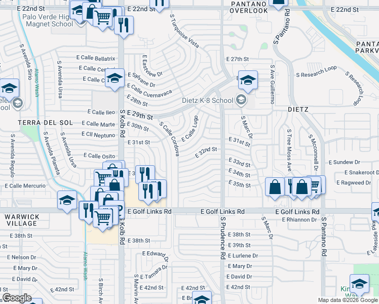map of restaurants, bars, coffee shops, grocery stores, and more near 7324 East Random Ridge Drive in Tucson