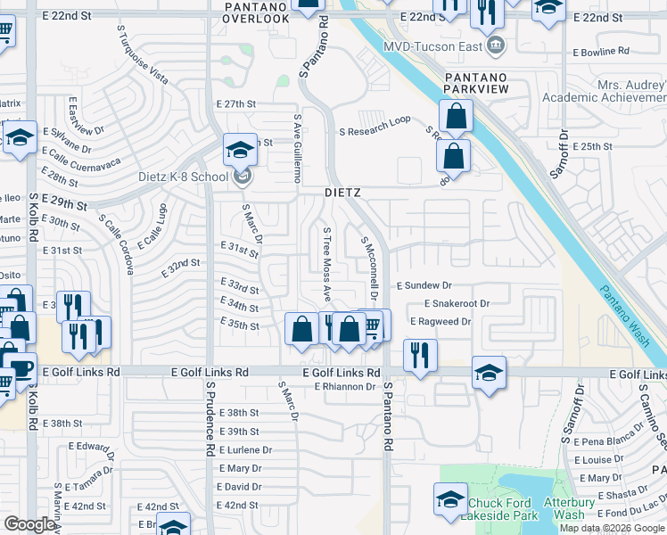 map of restaurants, bars, coffee shops, grocery stores, and more near 7753 East 32nd Street in Tucson