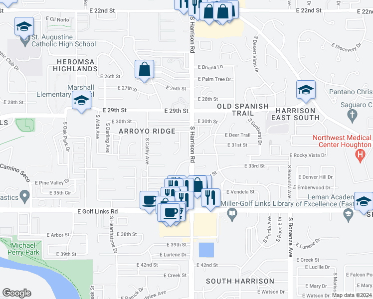 map of restaurants, bars, coffee shops, grocery stores, and more near 2152 South Harrison Road in Tucson