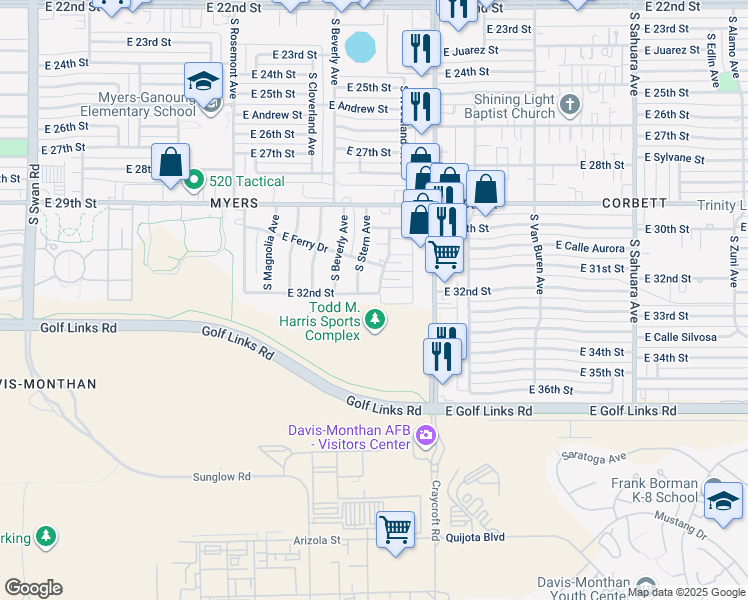 map of restaurants, bars, coffee shops, grocery stores, and more near 5402 East 30th Street in Tucson