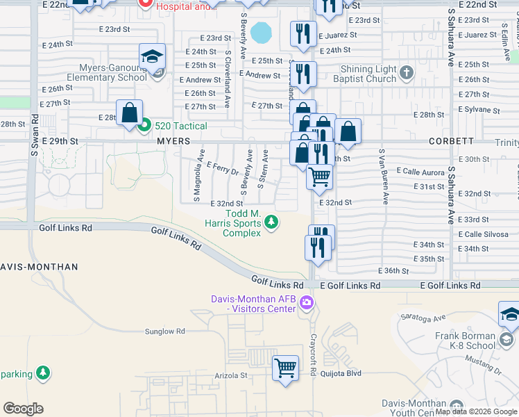 map of restaurants, bars, coffee shops, grocery stores, and more near 5362 East 32nd Street in Tucson