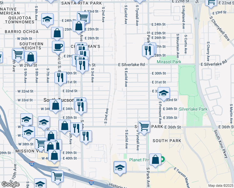 map of restaurants, bars, coffee shops, grocery stores, and more near 2219 South 2nd Avenue in Tucson