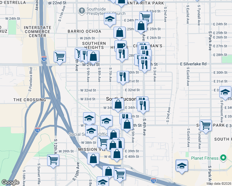 map of restaurants, bars, coffee shops, grocery stores, and more near in South Tucson