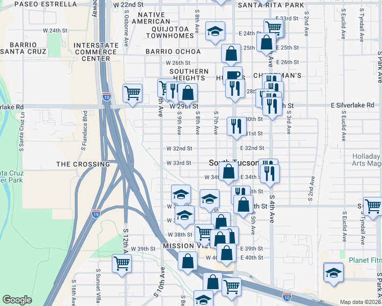 map of restaurants, bars, coffee shops, grocery stores, and more near 2207 South 8th Avenue in Tucson