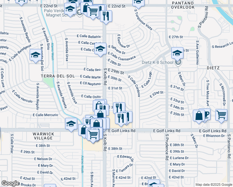 map of restaurants, bars, coffee shops, grocery stores, and more near 7137 East 32nd Place in Tucson