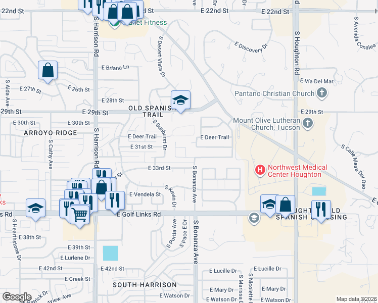 map of restaurants, bars, coffee shops, grocery stores, and more near 9843 East Rocky Vista Drive in Tucson