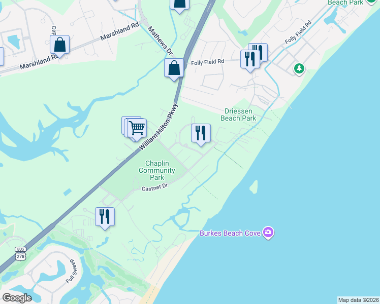 map of restaurants, bars, coffee shops, grocery stores, and more near in Hilton Head Island
