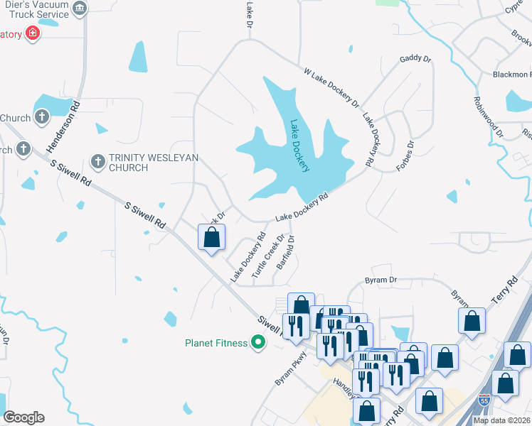 map of restaurants, bars, coffee shops, grocery stores, and more near 1121 Lake Dockery Road in Byram