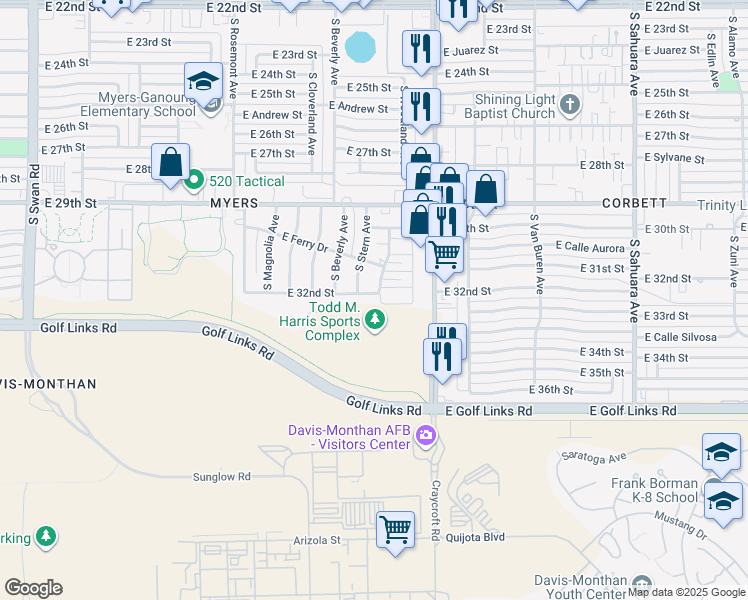 map of restaurants, bars, coffee shops, grocery stores, and more near 5402 East 30th Street in Tucson