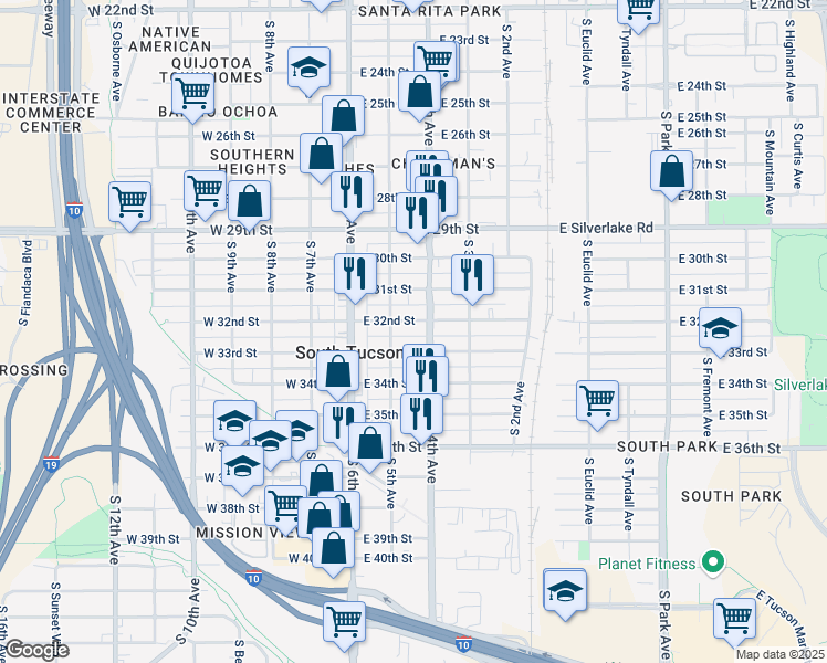 map of restaurants, bars, coffee shops, grocery stores, and more near 2222 South 4th Avenue in Tucson