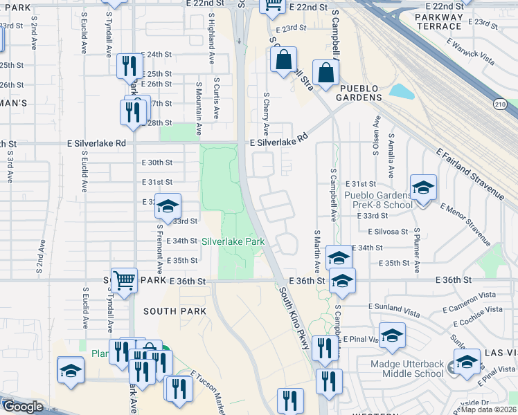 map of restaurants, bars, coffee shops, grocery stores, and more near 2420 South Kino Parkway in Tucson