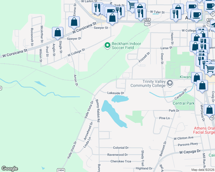 map of restaurants, bars, coffee shops, grocery stores, and more near 605 Valle Vista Drive in Athens