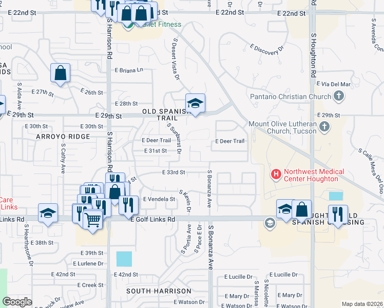map of restaurants, bars, coffee shops, grocery stores, and more near 9843 East Rocky Vista Drive in Tucson
