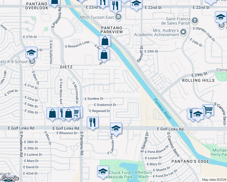 map of restaurants, bars, coffee shops, grocery stores, and more near 2121 South Pantano Road in Tucson