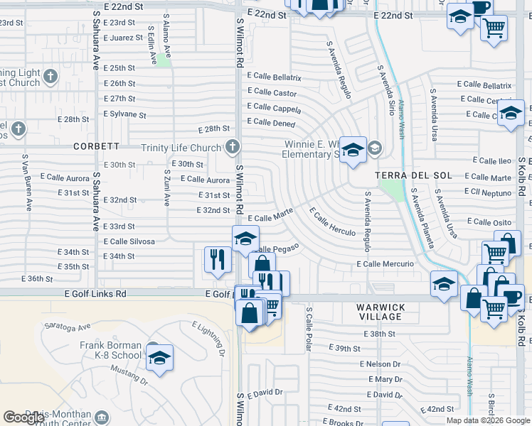 map of restaurants, bars, coffee shops, grocery stores, and more near 6348 East Calle Marte in Tucson