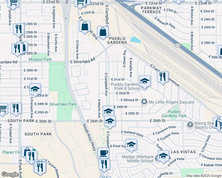 map of restaurants, bars, coffee shops, grocery stores, and more near 2231 South Campbell Avenue in Tucson