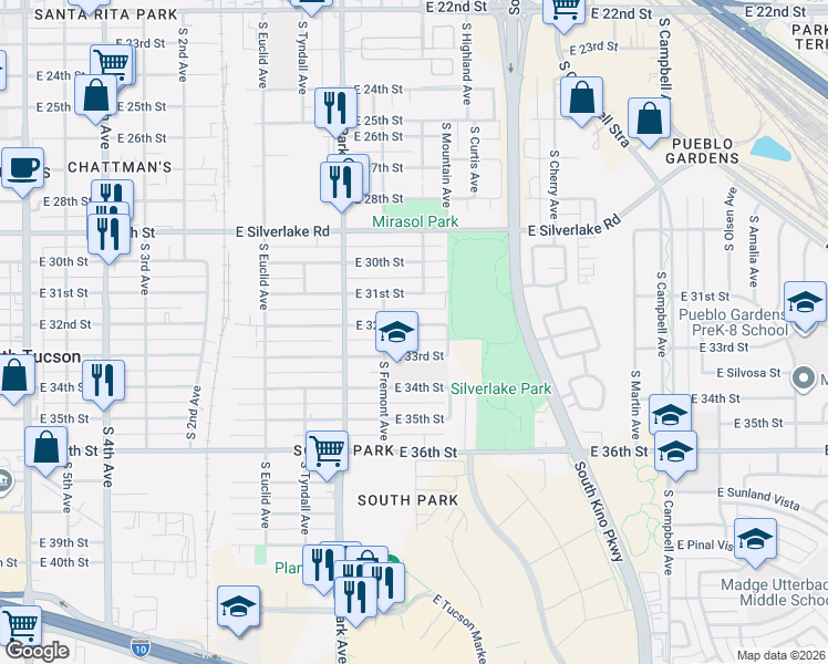 map of restaurants, bars, coffee shops, grocery stores, and more near 1131 East 33rd Street in Tucson