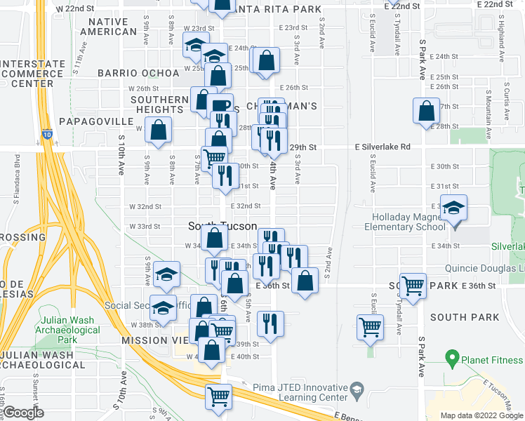 map of restaurants, bars, coffee shops, grocery stores, and more near 2222 South 4th Avenue in Tucson