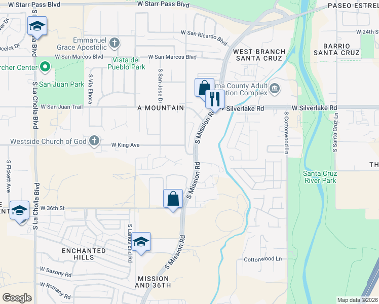 map of restaurants, bars, coffee shops, grocery stores, and more near 2233 South San Antonio Drive in Tucson