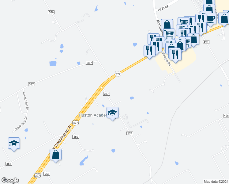 map of restaurants, bars, coffee shops, grocery stores, and more near 3098 West Washington Street in Stephenville