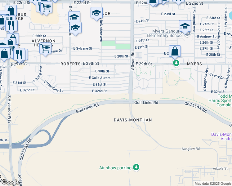 map of restaurants, bars, coffee shops, grocery stores, and more near 4602 East 32nd Street in Tucson