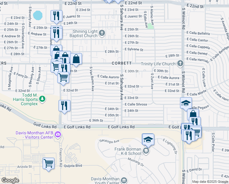 map of restaurants, bars, coffee shops, grocery stores, and more near 5819 East 33rd Street in Tucson