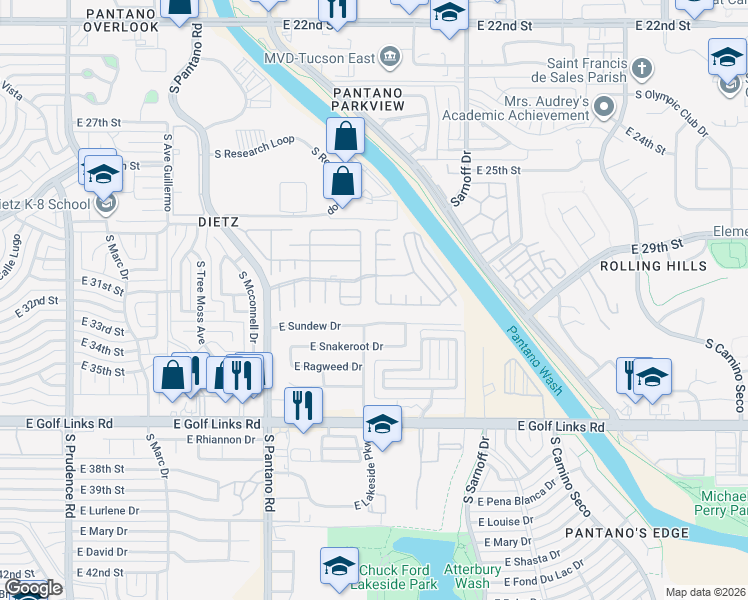 map of restaurants, bars, coffee shops, grocery stores, and more near 2121 South Pantano Road in Tucson