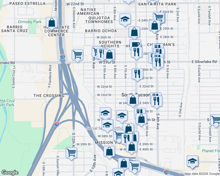 map of restaurants, bars, coffee shops, grocery stores, and more near 231 West 32nd Street in Tucson