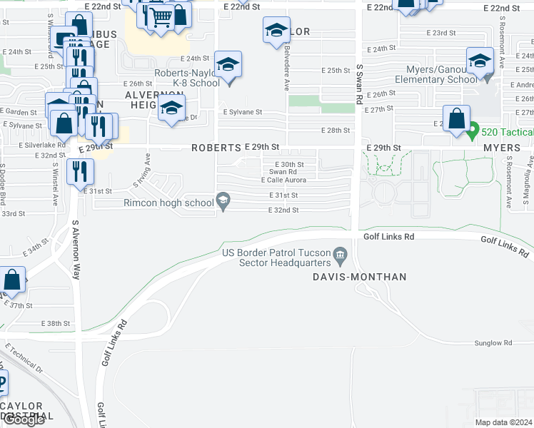 map of restaurants, bars, coffee shops, grocery stores, and more near 4432 East 32nd Street in Tucson