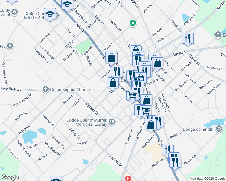 map of restaurants, bars, coffee shops, grocery stores, and more near 5305 Park Street in Eastman