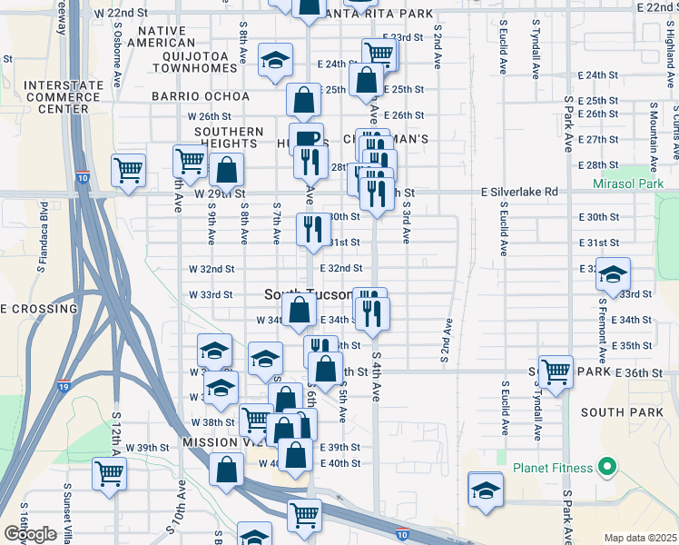 map of restaurants, bars, coffee shops, grocery stores, and more near 2236 South 5th Avenue in Tucson