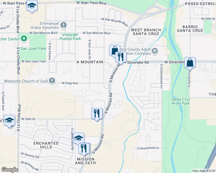 map of restaurants, bars, coffee shops, grocery stores, and more near 2233 South San Antonio Drive in Tucson