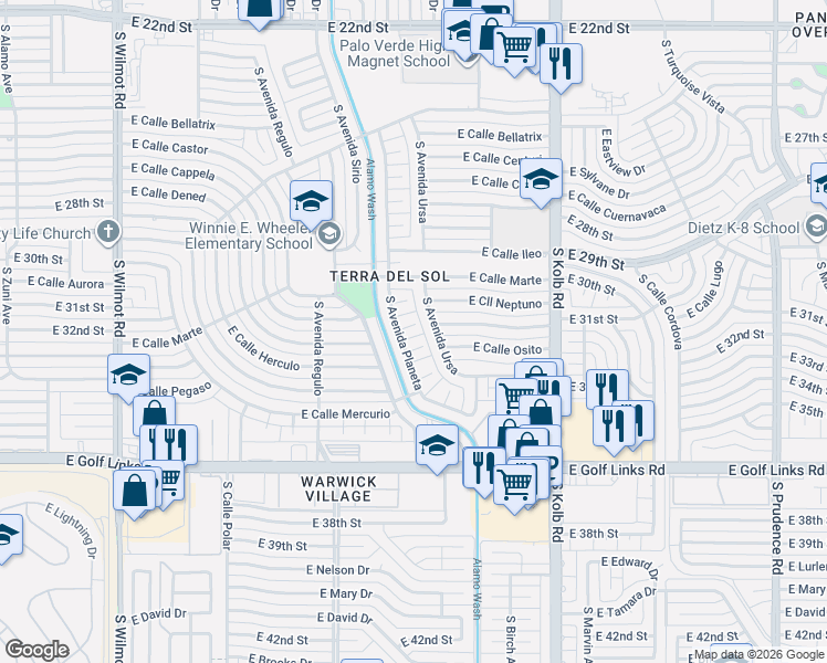 map of restaurants, bars, coffee shops, grocery stores, and more near 2017 South Avenida Planeta in Tucson