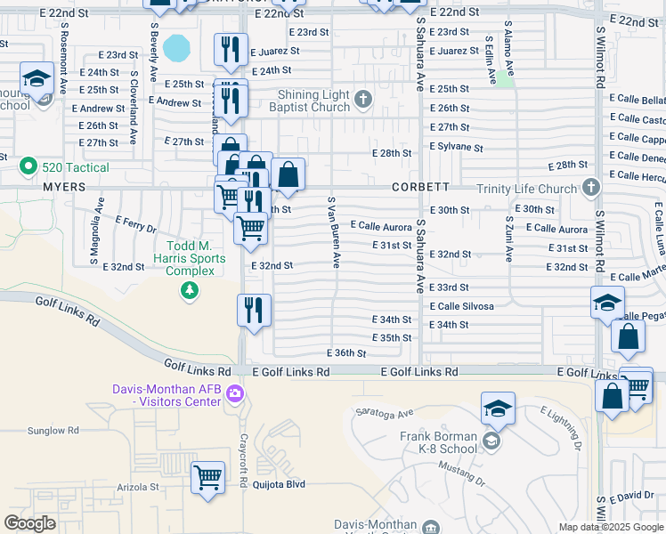 map of restaurants, bars, coffee shops, grocery stores, and more near 5680 East 32nd Street in Tucson