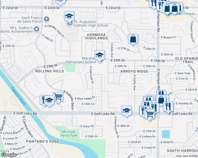 map of restaurants, bars, coffee shops, grocery stores, and more near 9040 East 31st Place in Tucson