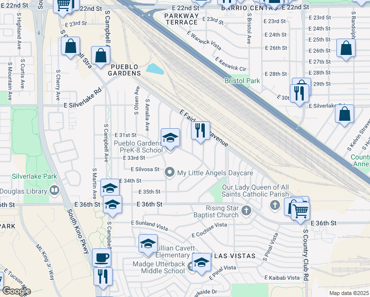 map of restaurants, bars, coffee shops, grocery stores, and more near 2145B East Menor Stravenue in Tucson
