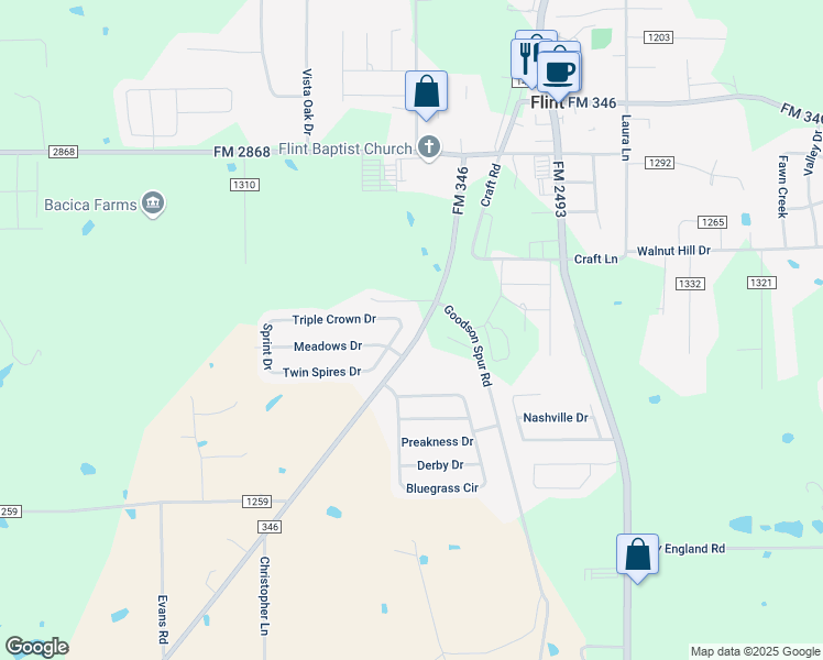 map of restaurants, bars, coffee shops, grocery stores, and more near 11115 Farm to Market 346 in Flint