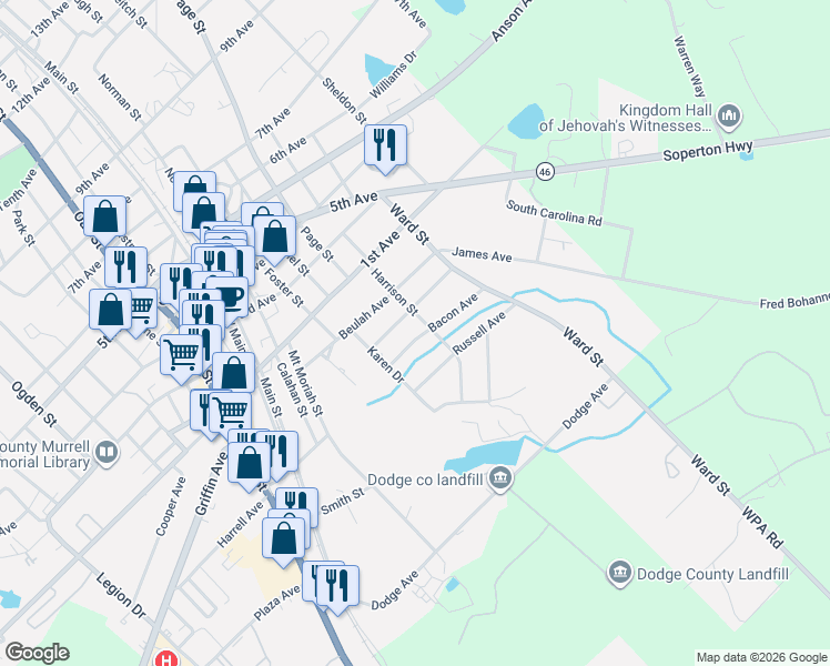 map of restaurants, bars, coffee shops, grocery stores, and more near 5519 Bacon Avenue in Eastman