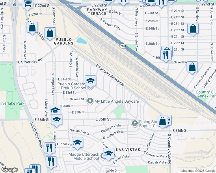 map of restaurants, bars, coffee shops, grocery stores, and more near 2202 South Tucson Avenue in Tucson