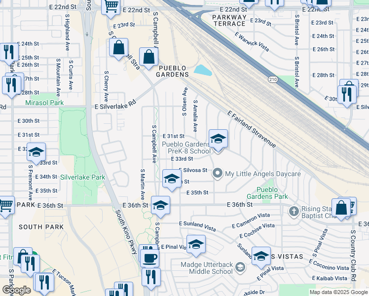 map of restaurants, bars, coffee shops, grocery stores, and more near 2021 East 33rd Street in Tucson