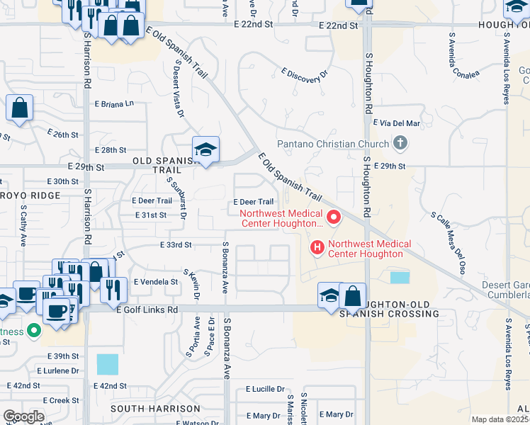 map of restaurants, bars, coffee shops, grocery stores, and more near 10013 E Rocky Wash Dr in Tucson