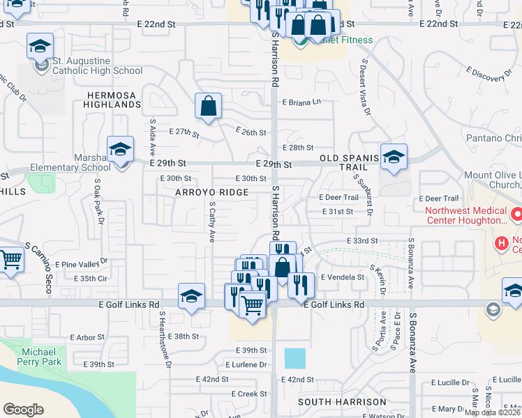 map of restaurants, bars, coffee shops, grocery stores, and more near 2152 East 32nd Street in Tucson