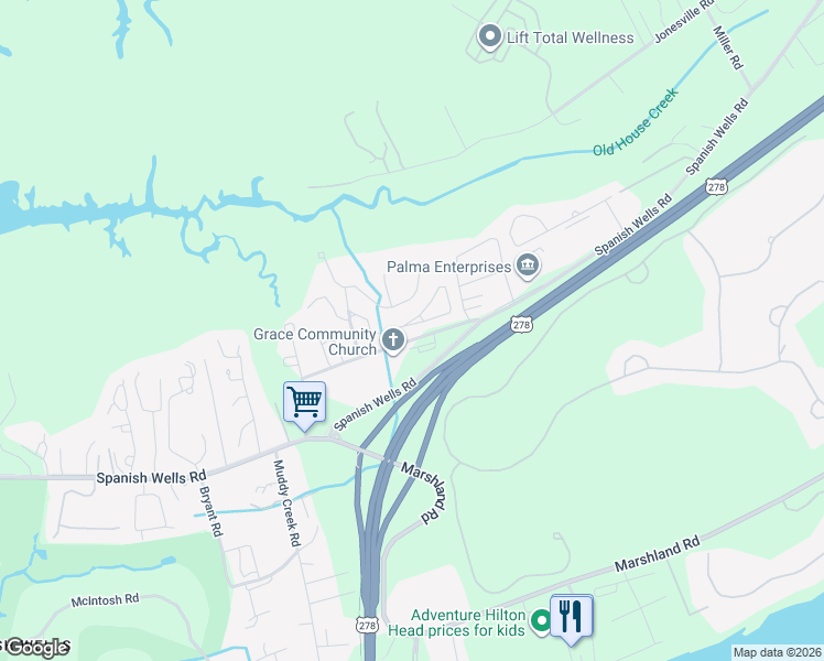 map of restaurants, bars, coffee shops, grocery stores, and more near 450 Spanish Wells Road in Hilton Head Island