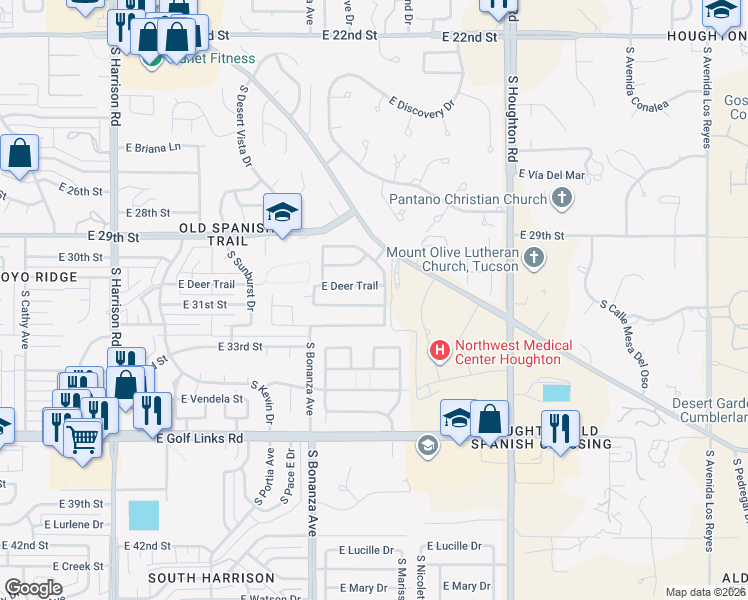 map of restaurants, bars, coffee shops, grocery stores, and more near 10047 East Rocky Vista Drive in Tucson