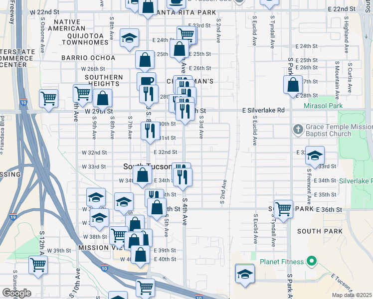 map of restaurants, bars, coffee shops, grocery stores, and more near 2222 South 4th Avenue in Tucson