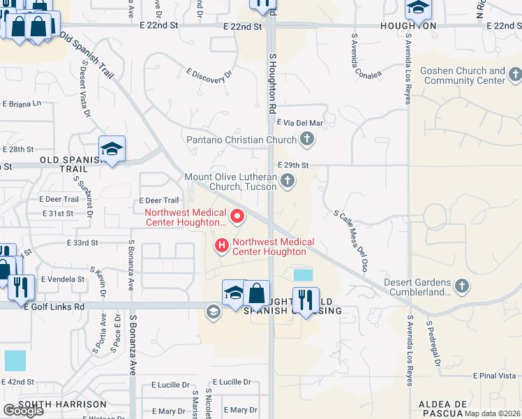 map of restaurants, bars, coffee shops, grocery stores, and more near 2053 South Aliso Spring Lane in Tucson