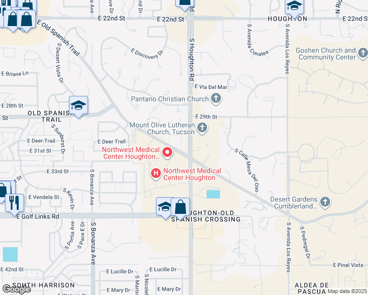 map of restaurants, bars, coffee shops, grocery stores, and more near 2053 South Aliso Spring Lane in Tucson