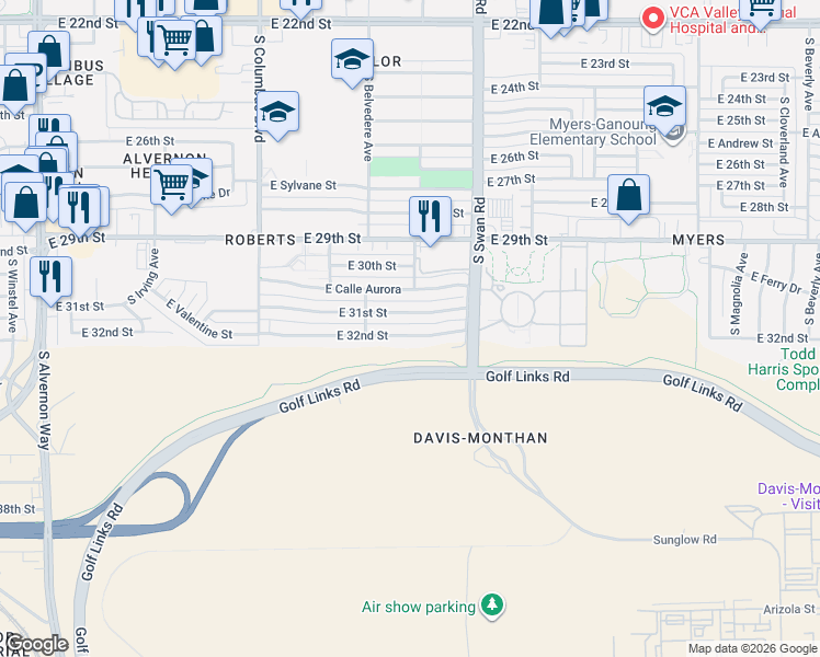 map of restaurants, bars, coffee shops, grocery stores, and more near 4571 East 31st Street in Tucson