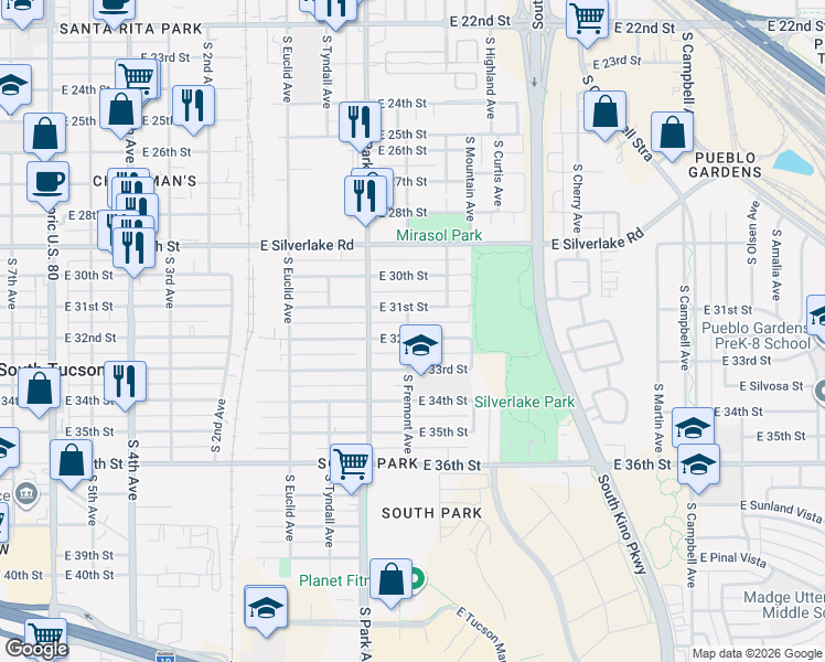 map of restaurants, bars, coffee shops, grocery stores, and more near 1042 East 31st Street in Tucson